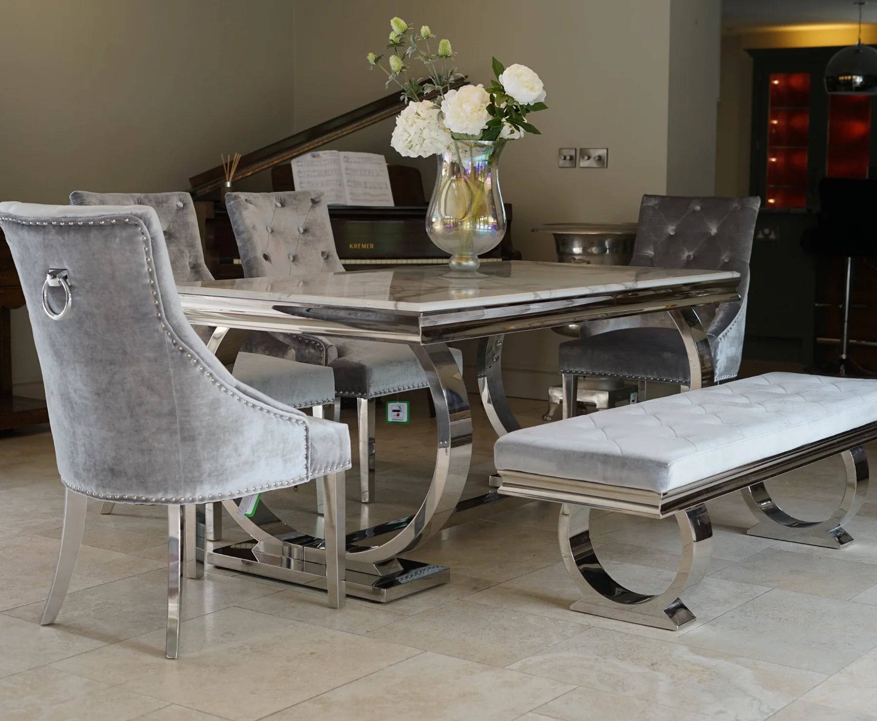 Arianna Marble Dining Set With Bench - Luxury Interiors