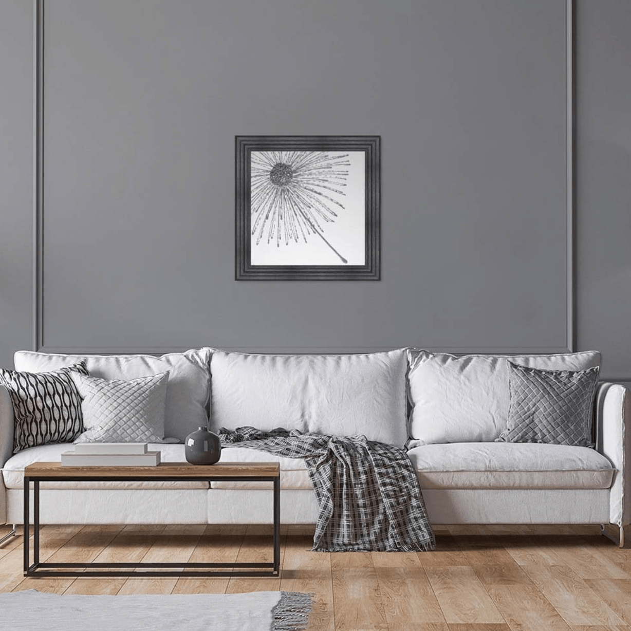 3D Silver Cluster Dandelion White Background Framed Wall Art - Luxury Interiors