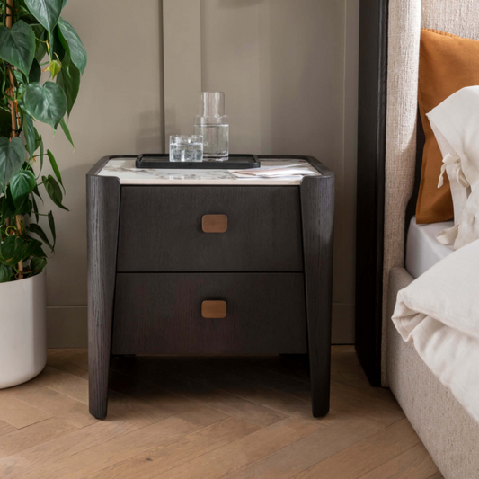 Rhodes 2 Drawer Bedside Table in Ebony - Luxury Interiors