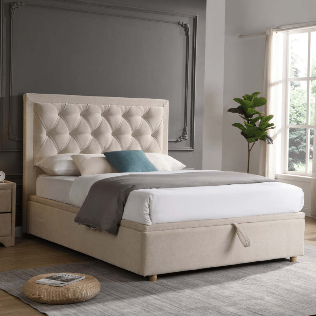Rio Grace Gas-Lift Ottoman Bed Beige (FREE DELIVERY) - Luxury Interiors