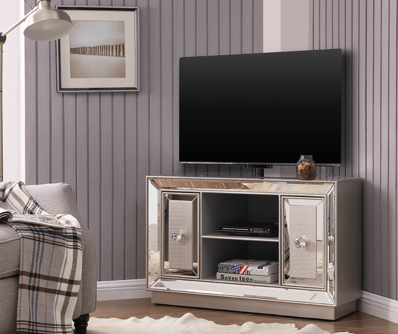 Sofia Mirrored Corner TV Unit - Luxury Interiors