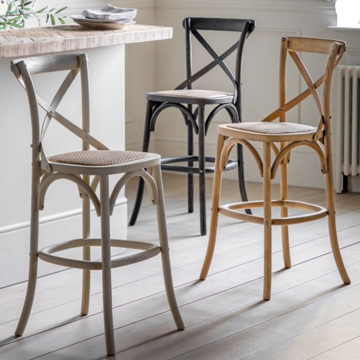 Cafe Stools White/Rattan (PAIR) - Luxury Interiors