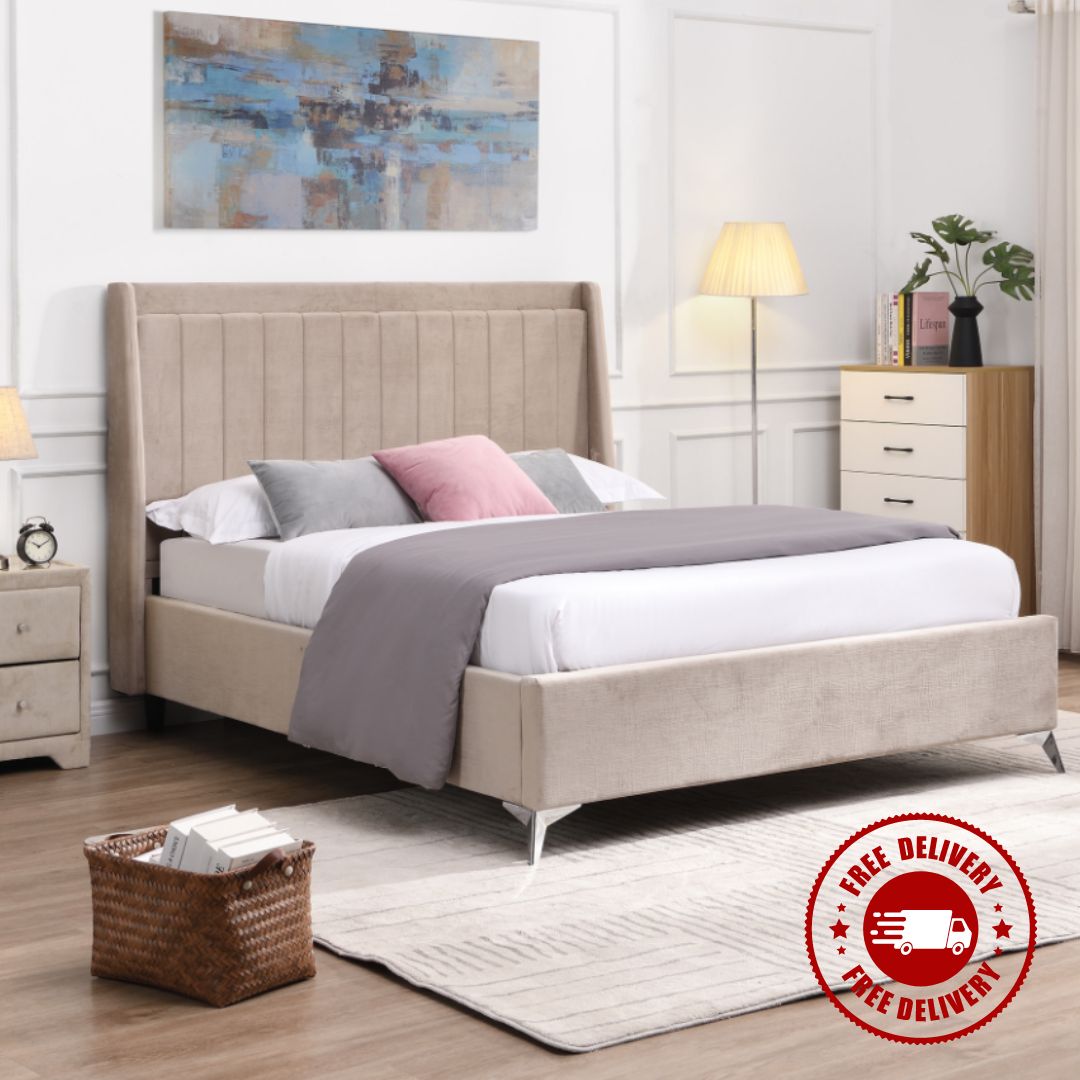 Melissa Bed Beige or Grey Fabric Bed - Luxury Interiors