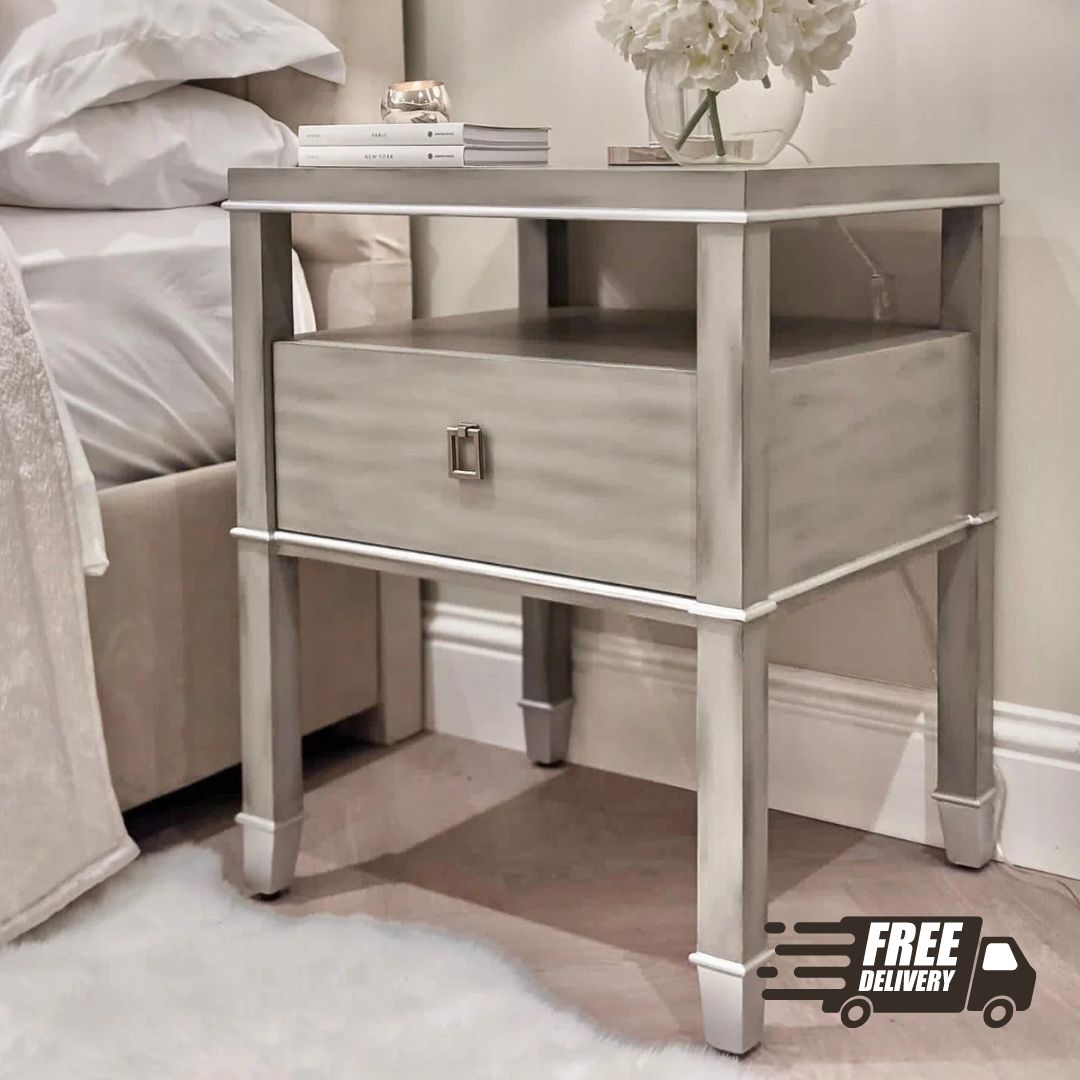 Carrie Grey/Silver Night Stand FREE Delivery - Luxury Interiors