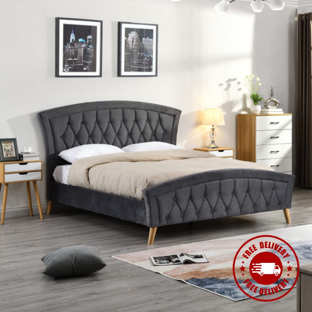 Kingston Bed in Grey Chenille Fabric - Luxury Interiors