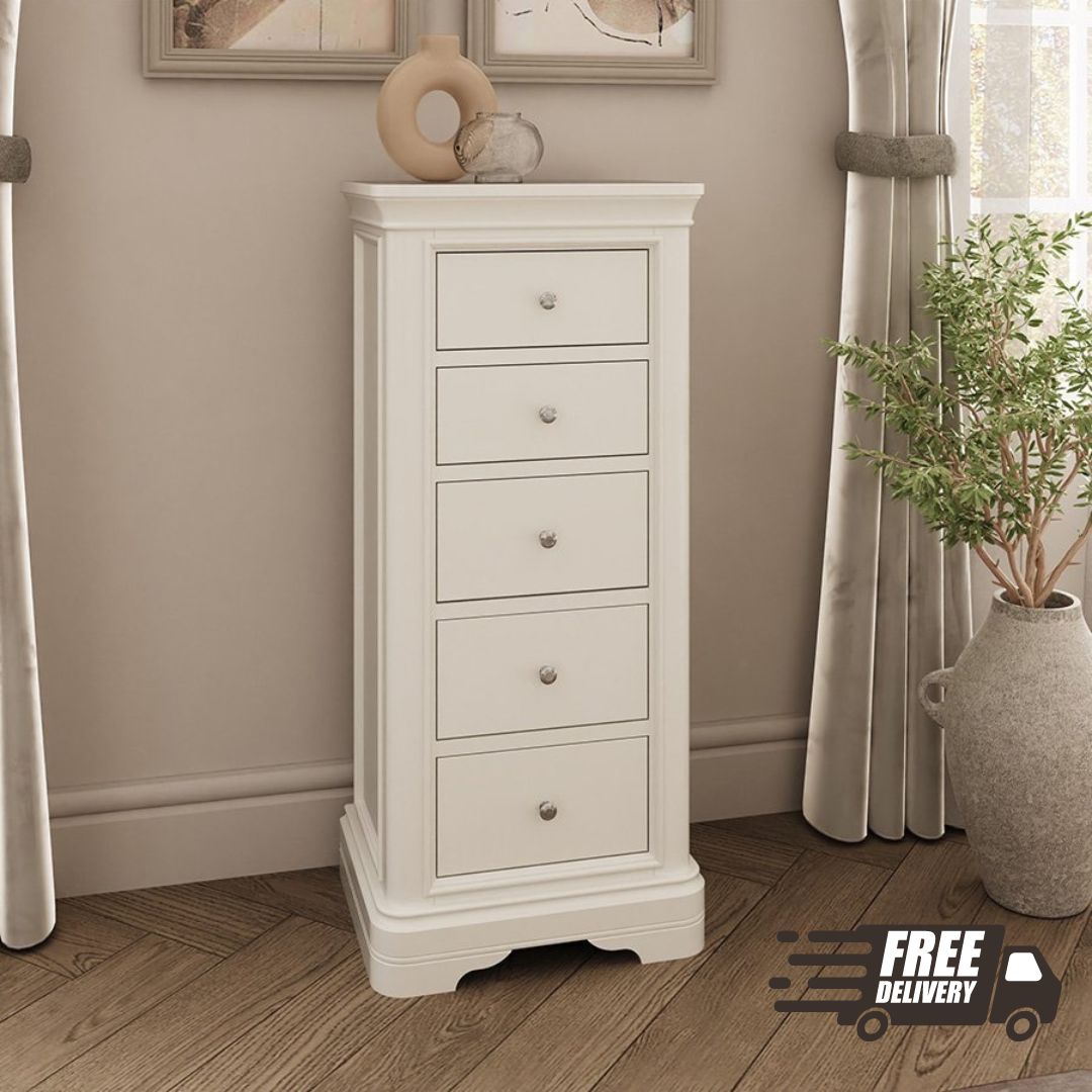 Maria Bone Tall Slim Chest of Drawers (Free Delivery)