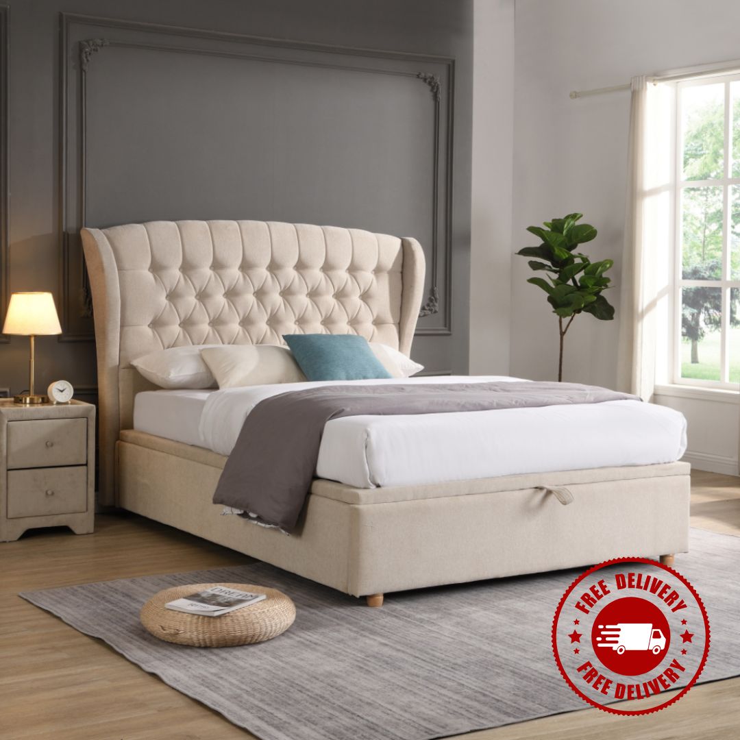 Rio Lily Gas-Lift Ottoman Bed Beige (FREE DELIVERY) - Luxury Interiors