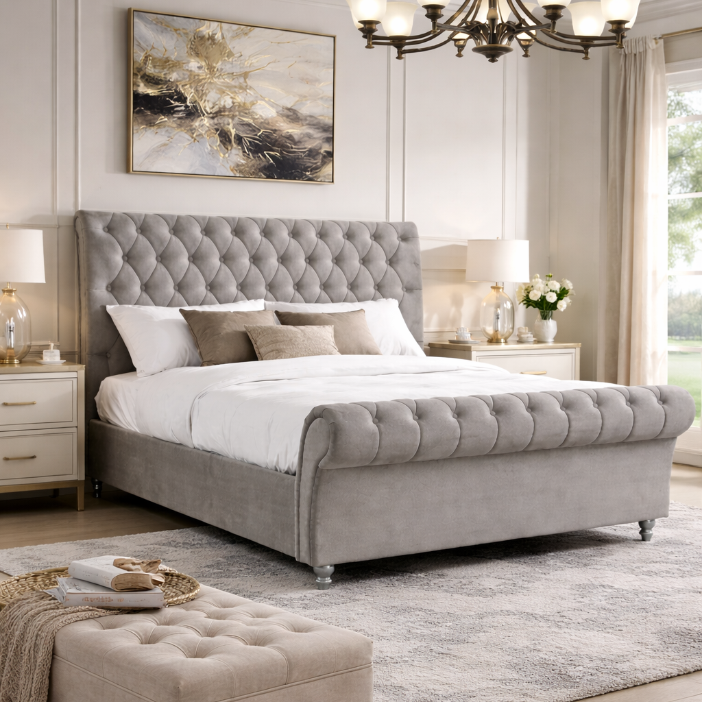 Katie Luxury Velvet Bed Mink, Silver or Grey - Luxury Interiors