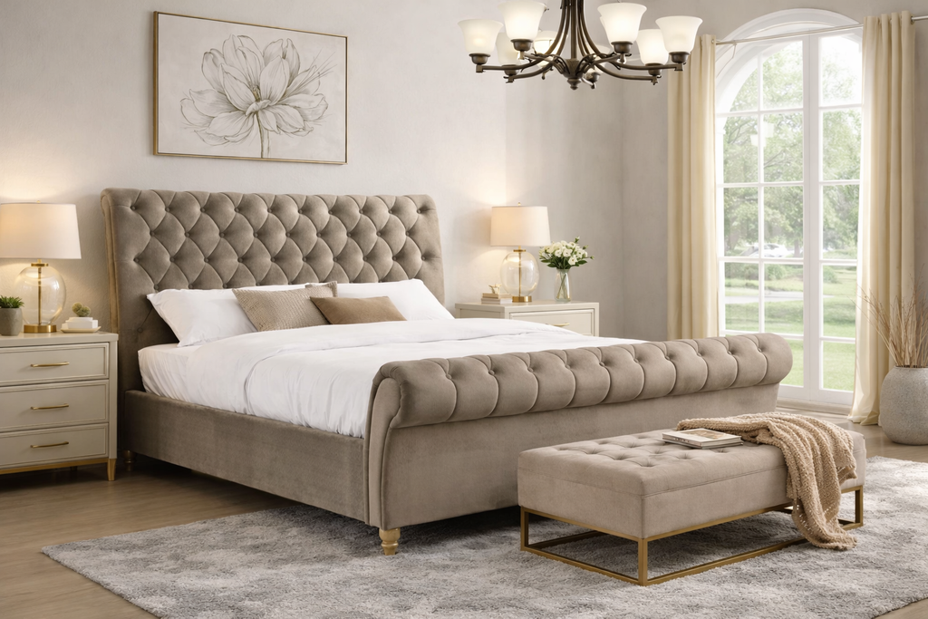 Katie Luxury Velvet Bed Mink, Silver or Grey - Luxury Interiors