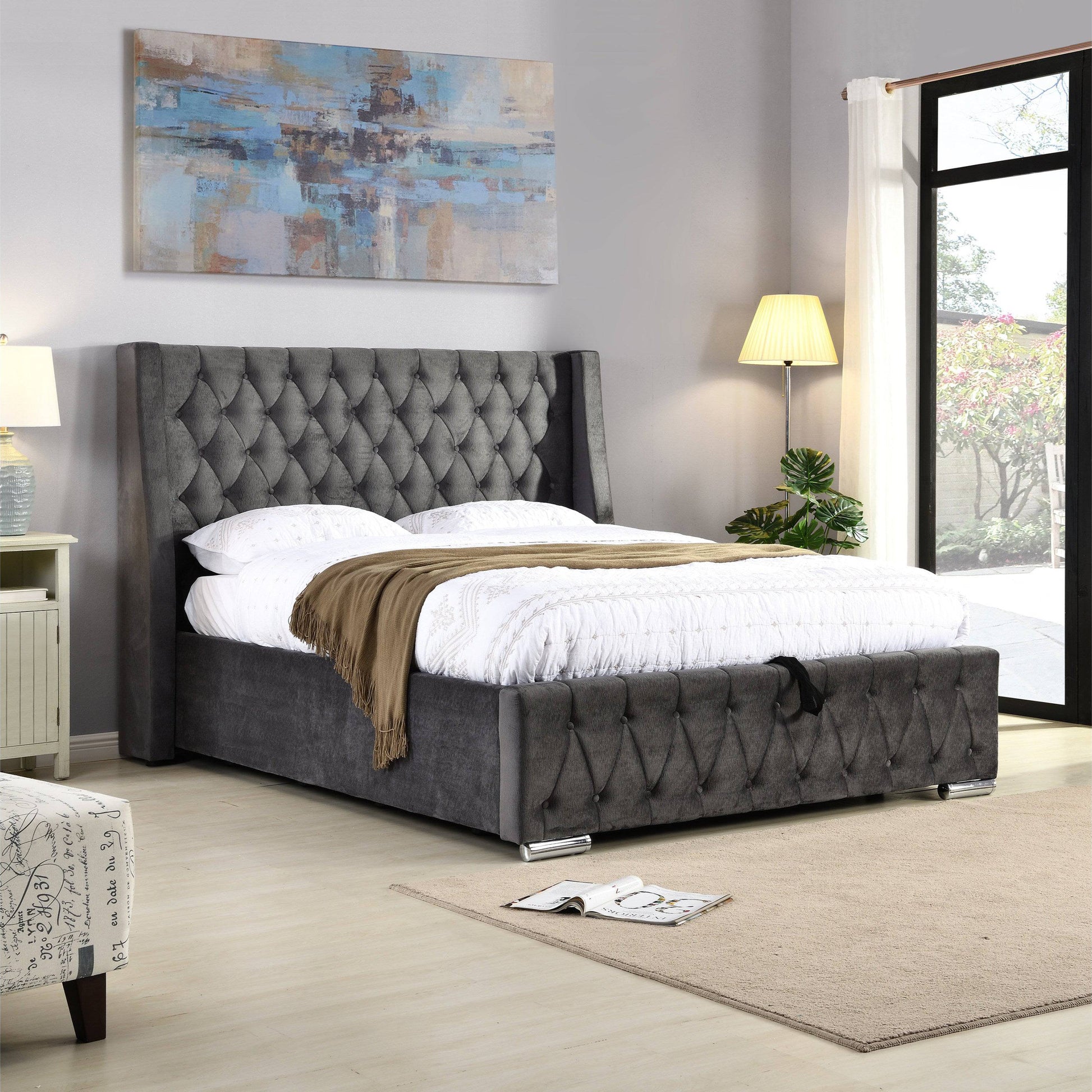 Jersey Storage Bed in Velvet Charcoal  (FREE DELIVERY) - Luxury Interiors