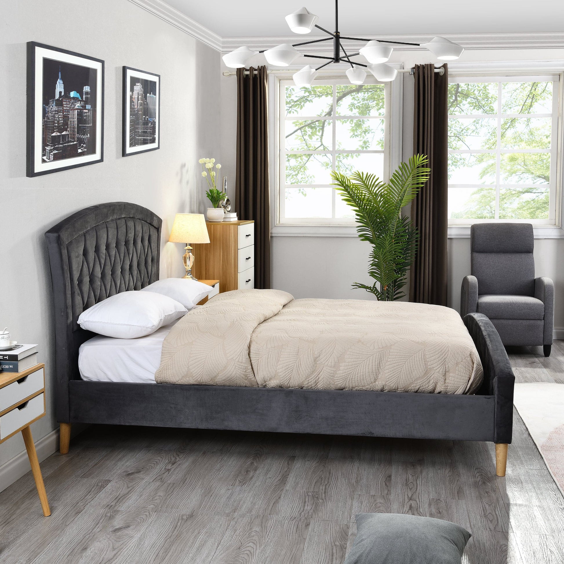 Kingston Bed in Grey Chenille Fabric - Luxury Interiors