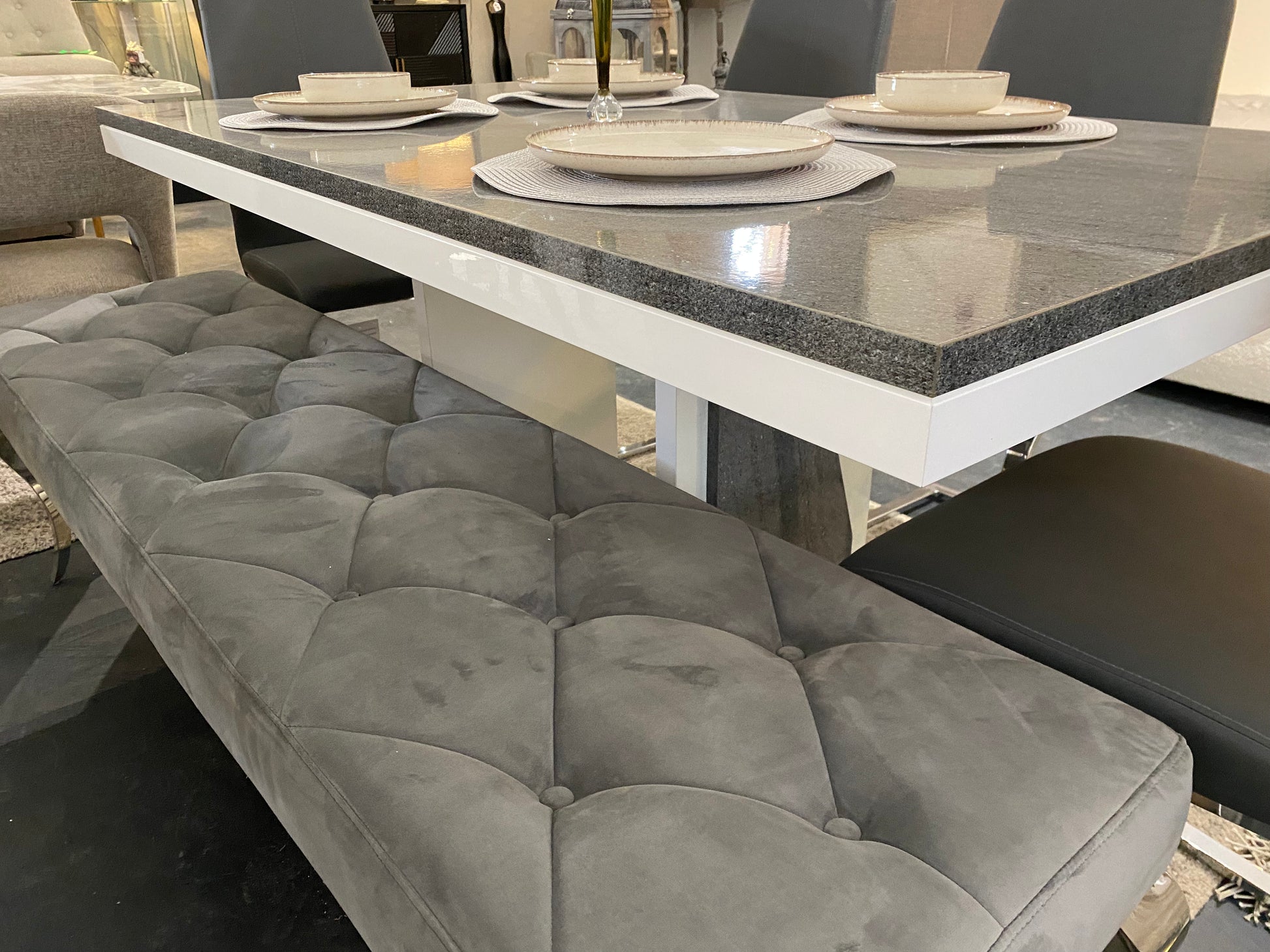 Ascott Grey Dining Set With Bench - Luxury Interiors