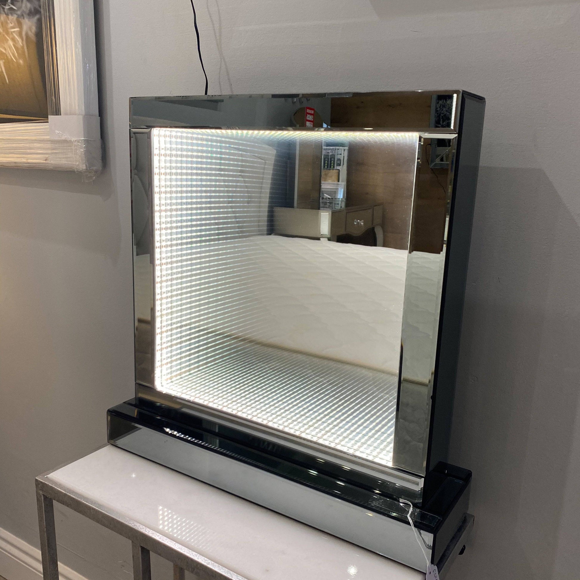 Large Smoked Mirror Infinity Square Table Lamp - Luxury Interiors