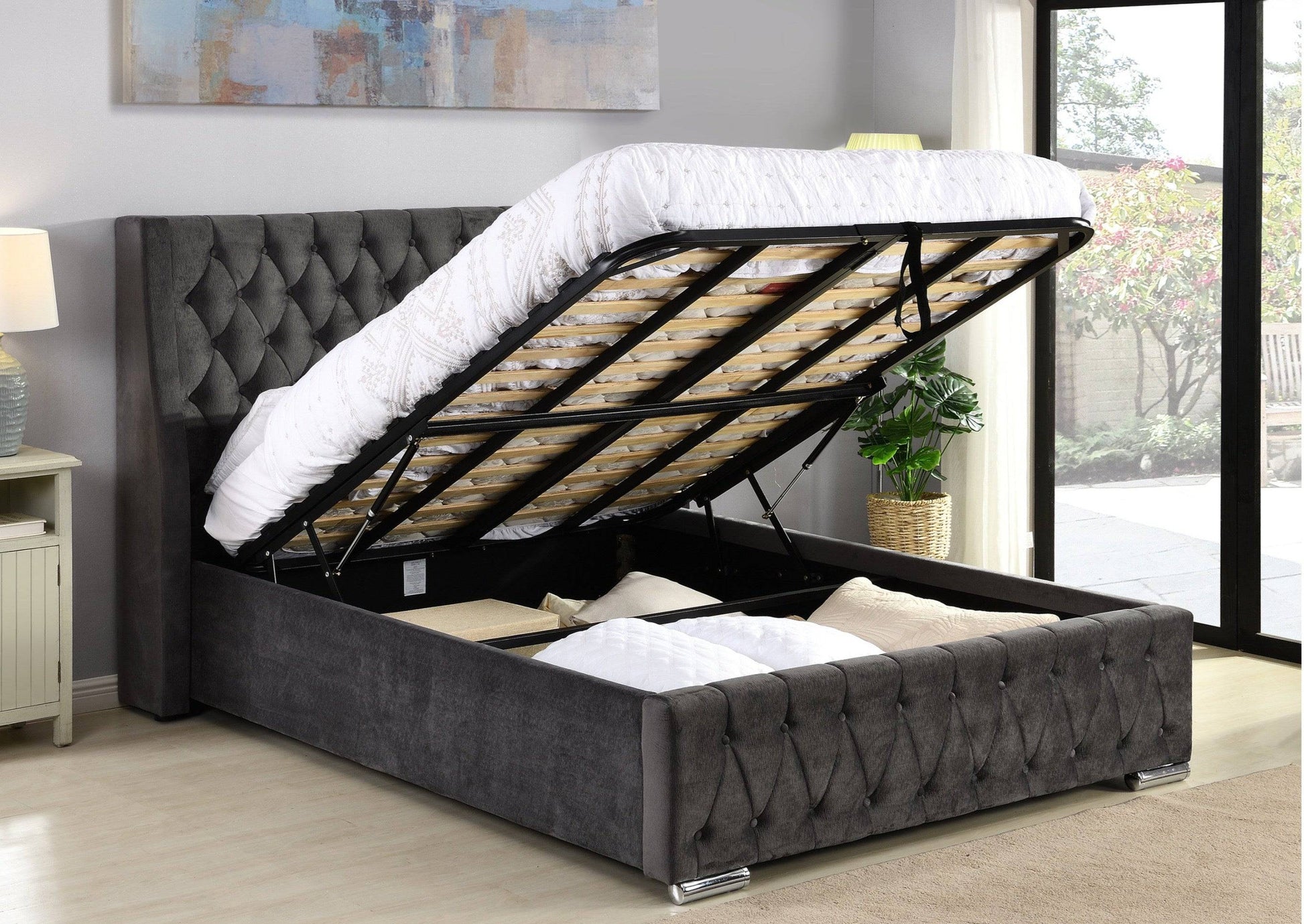 Jersey Storage Bed in Velvet Charcoal  (FREE DELIVERY) - Luxury Interiors