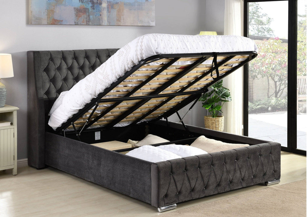 Jersey Storage Bed in Velvet Charcoal  (FREE DELIVERY) - Luxury Interiors