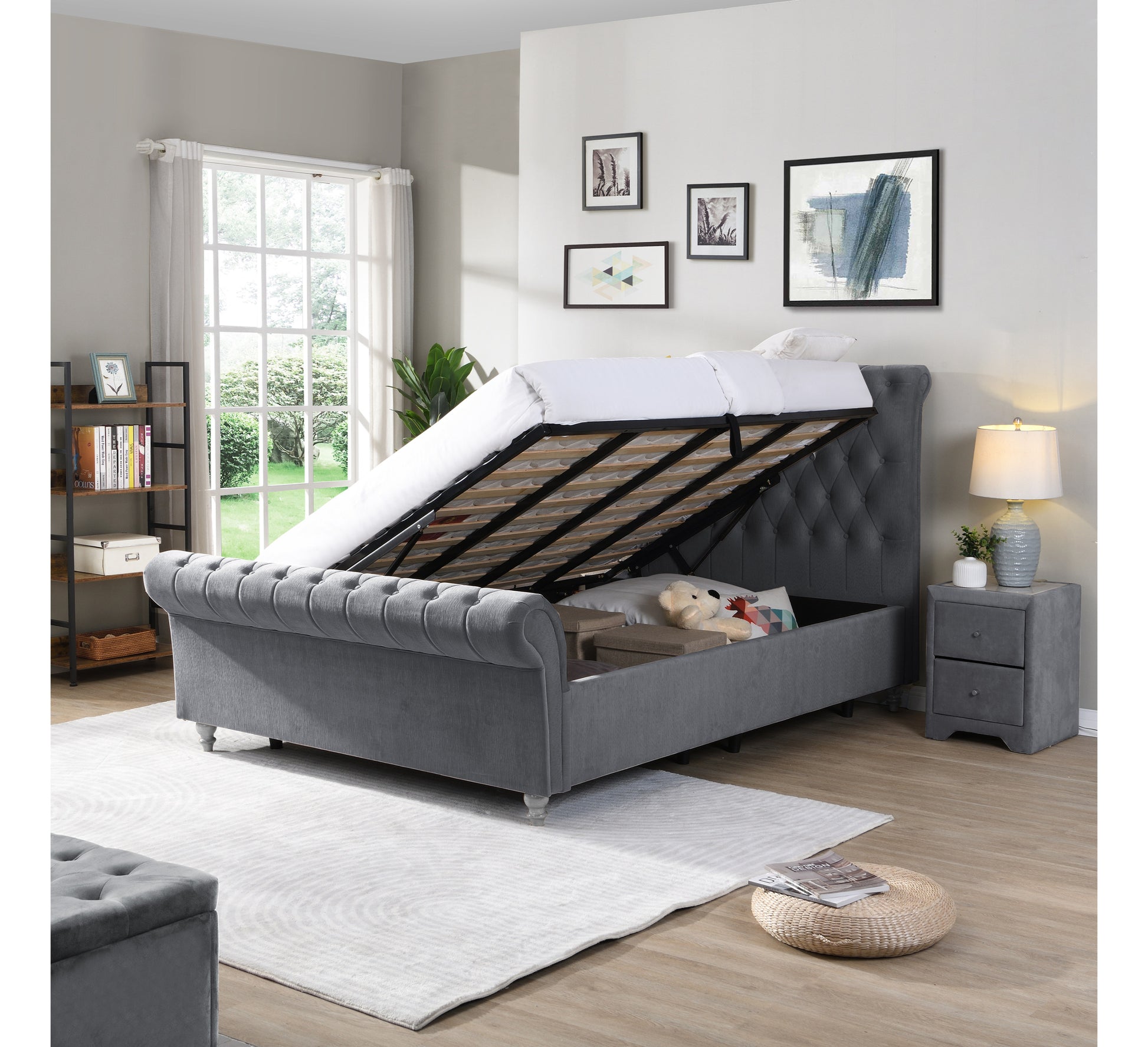 Katie Luxury Velvet Bed Mink, Silver, Gas Lift Storage
