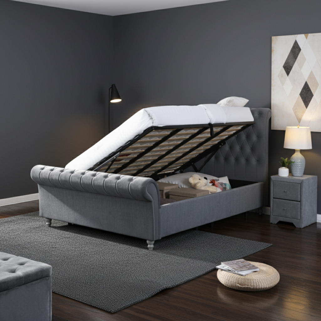 Katie Luxury Velvet Bed Mink, Silver, or Grey Gas Lift Storage