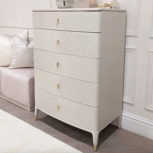 Diletta Tall Chest 5 Drawer Ribbed Top Drw Stone - Luxury Interiors