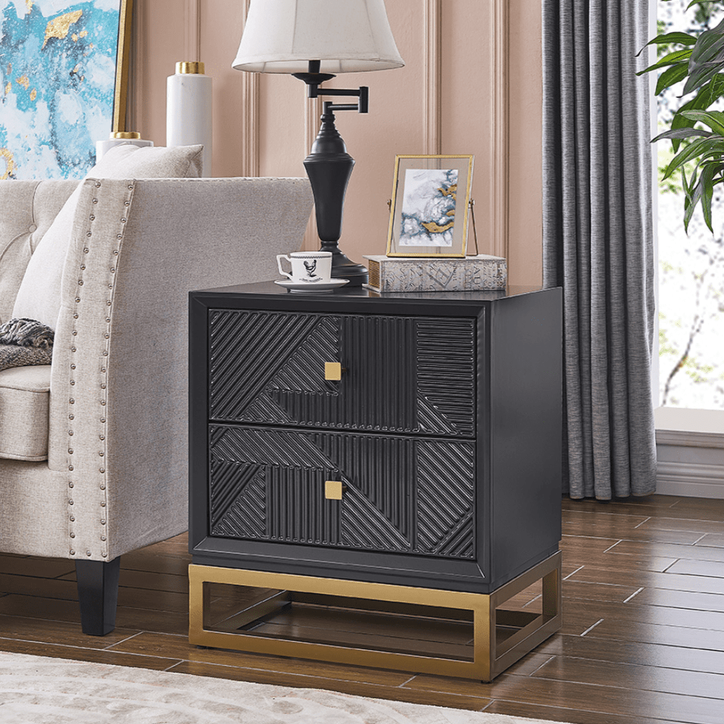 Orleans 2 Drawer Black & Gold Side Table - Luxury Interiors