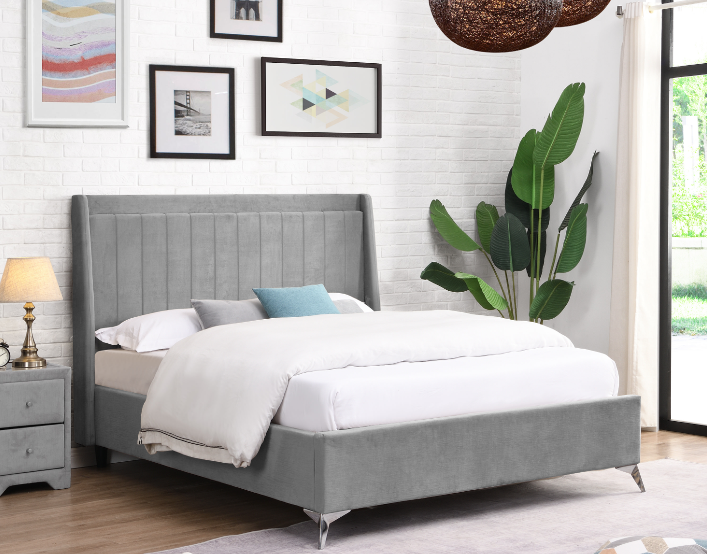Mayo Bed Beige or Grey Fabric Bed - Luxury Interiors