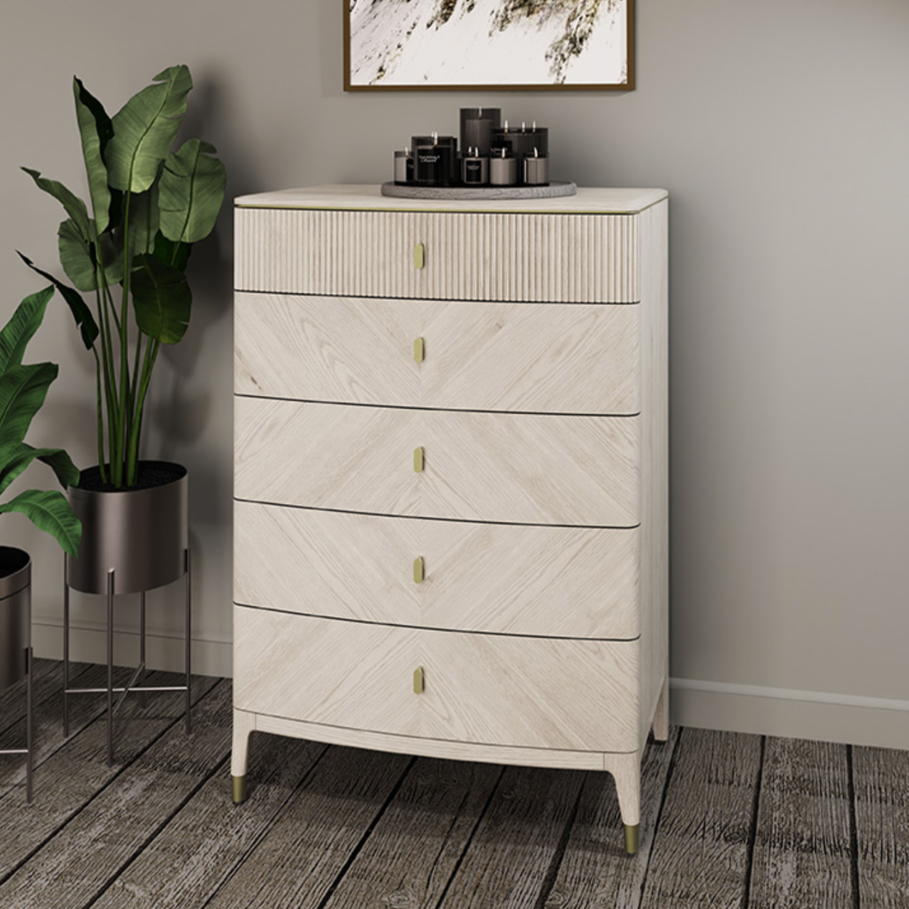 Diletta Tall Chest 5 Drawer Ribbed Top Drw Stone - Luxury Interiors