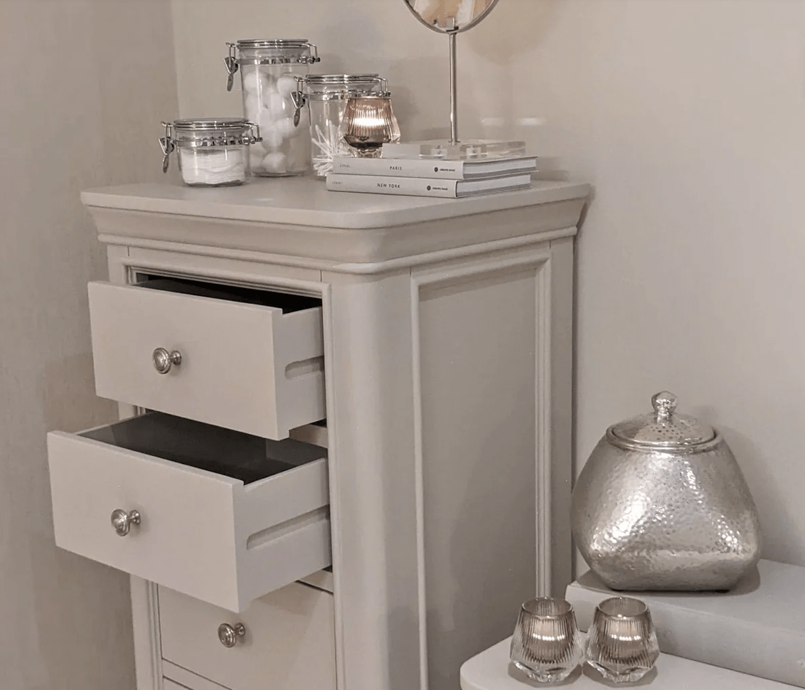 Maria Taupe Tall Slim Chest of Drawers - Luxury Interiors