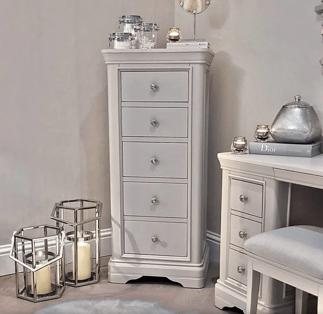 Maria Taupe Tall Slim Chest of Drawers - Luxury Interiors