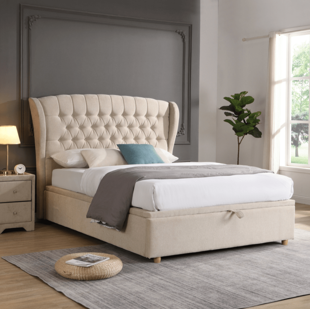 Rio Lily Gas-Lift Ottoman Bed Beige (FREE DELIVERY) - Luxury Interiors