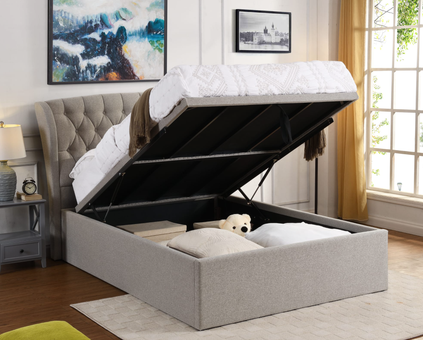 Parker Grey Linen Storage Bed - Luxury Interiors