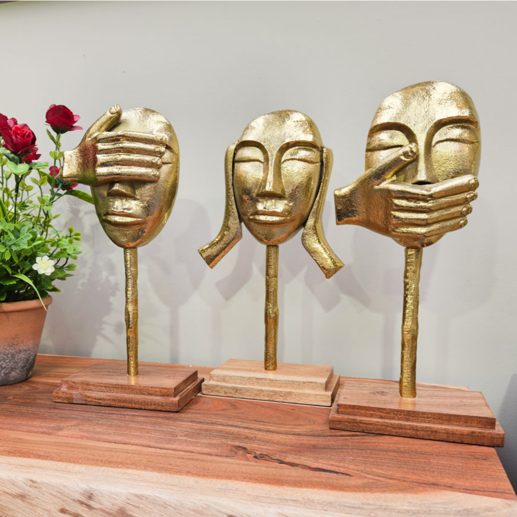 3 piece see hear speak no evil faces gold - Luxury Interiors