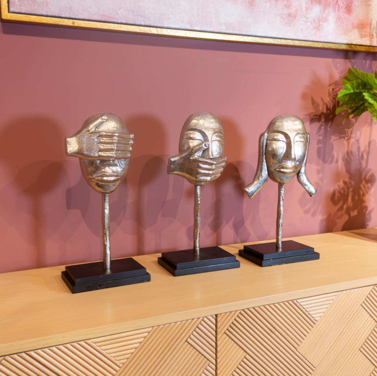 3 piece see hear speak no evil faces silver - Luxury Interiors