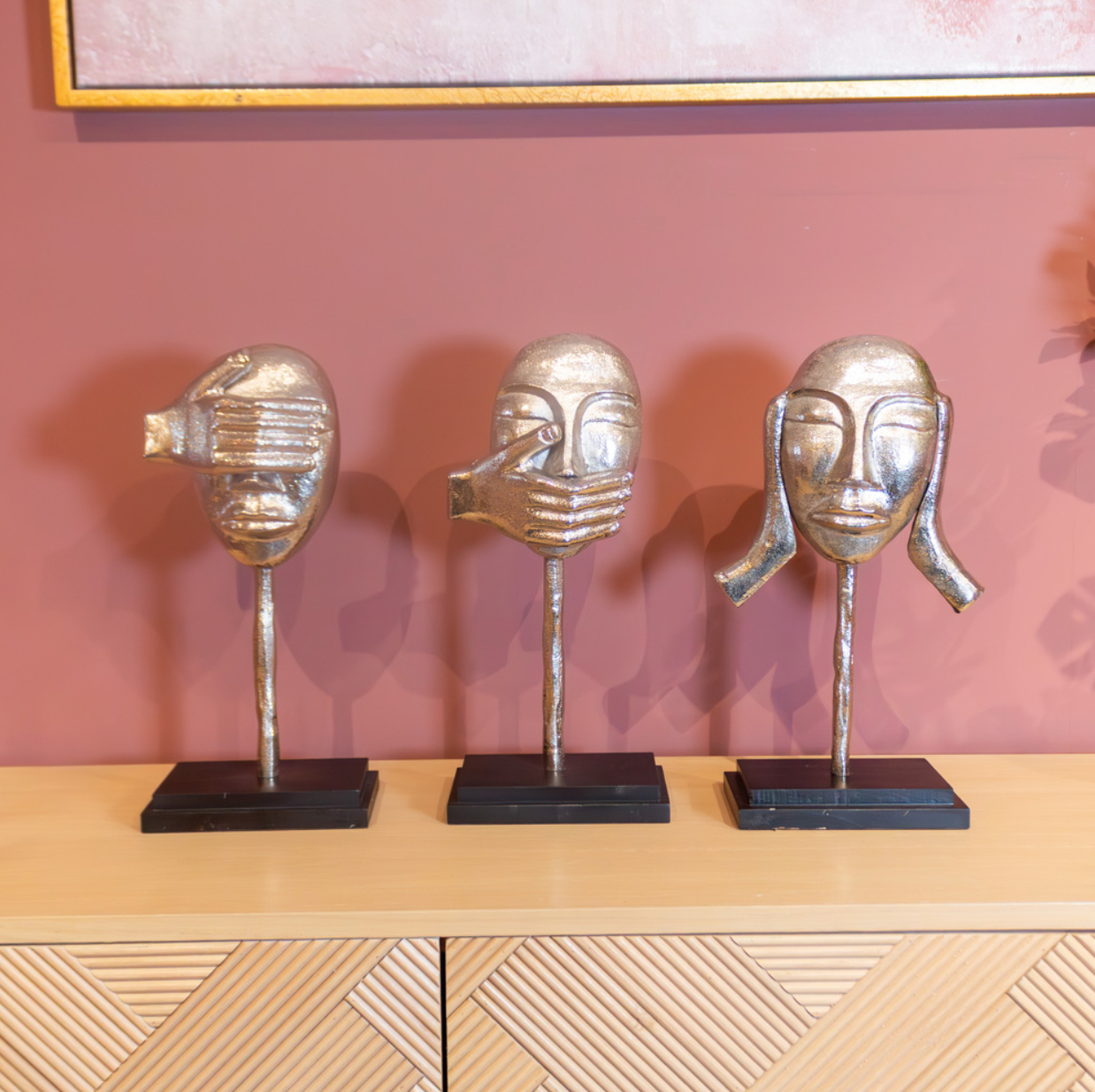 3 piece see hear speak no evil faces silver - Luxury Interiors