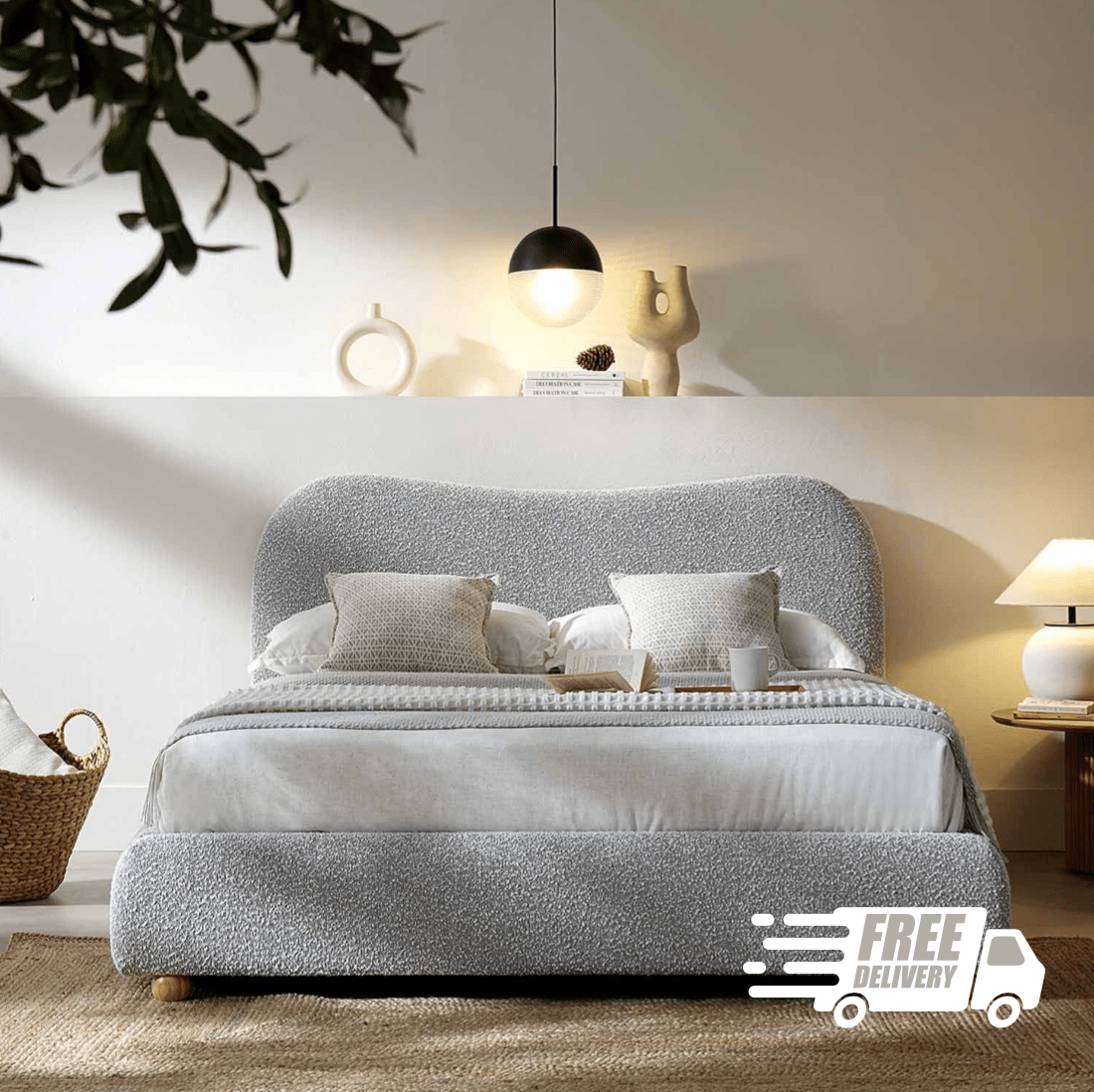 Modern Delilah Grey Teddy Fabric Bedframe - Luxury Interiors