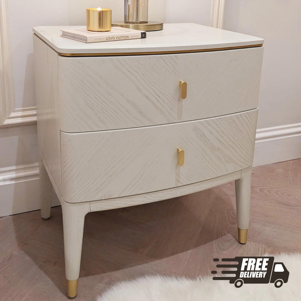 Darcy 2 Drawer Bedside Table Stone, with FREE delivery. - Luxury Interiors