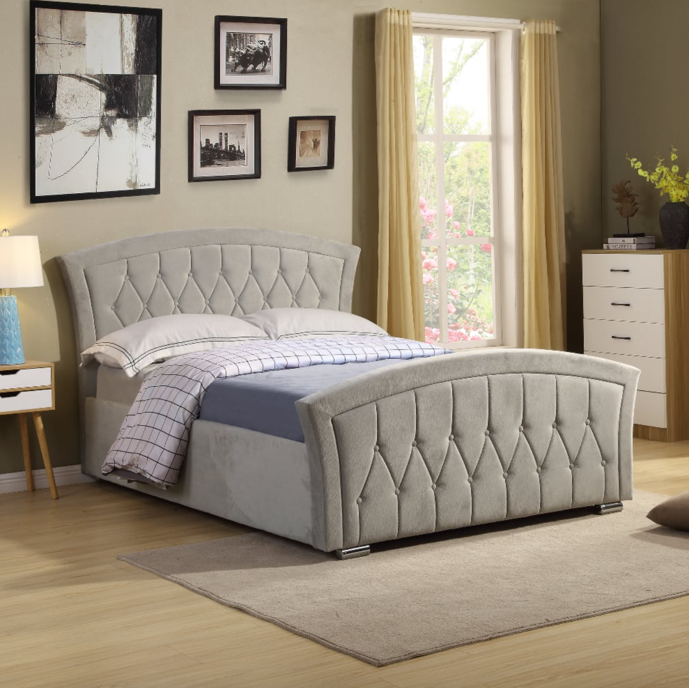 Kingston Gas Lift Storage Bed in Light Grey Chenille - Luxury Interiors
