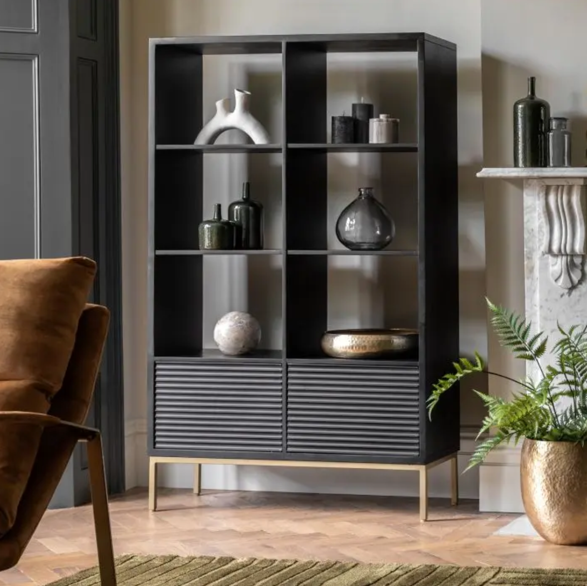 Raya Black & Gold 2 Door Open Display Unit - Luxury Interiors