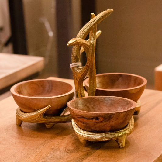 Set of 3 Bowls with Antler Stand Gold - Luxury Interiors