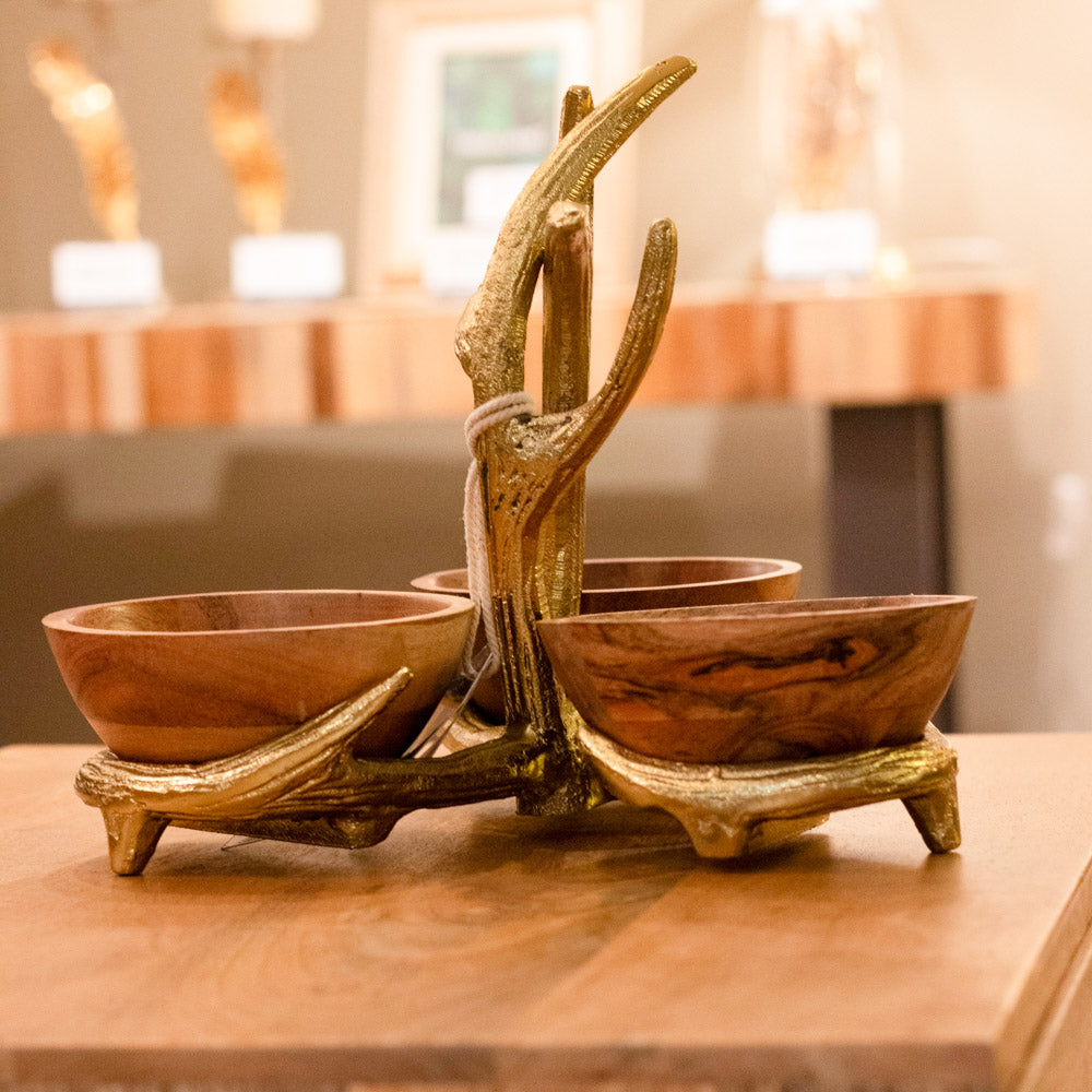 Set of 3 Bowls with Antler Stand Gold - Luxury Interiors