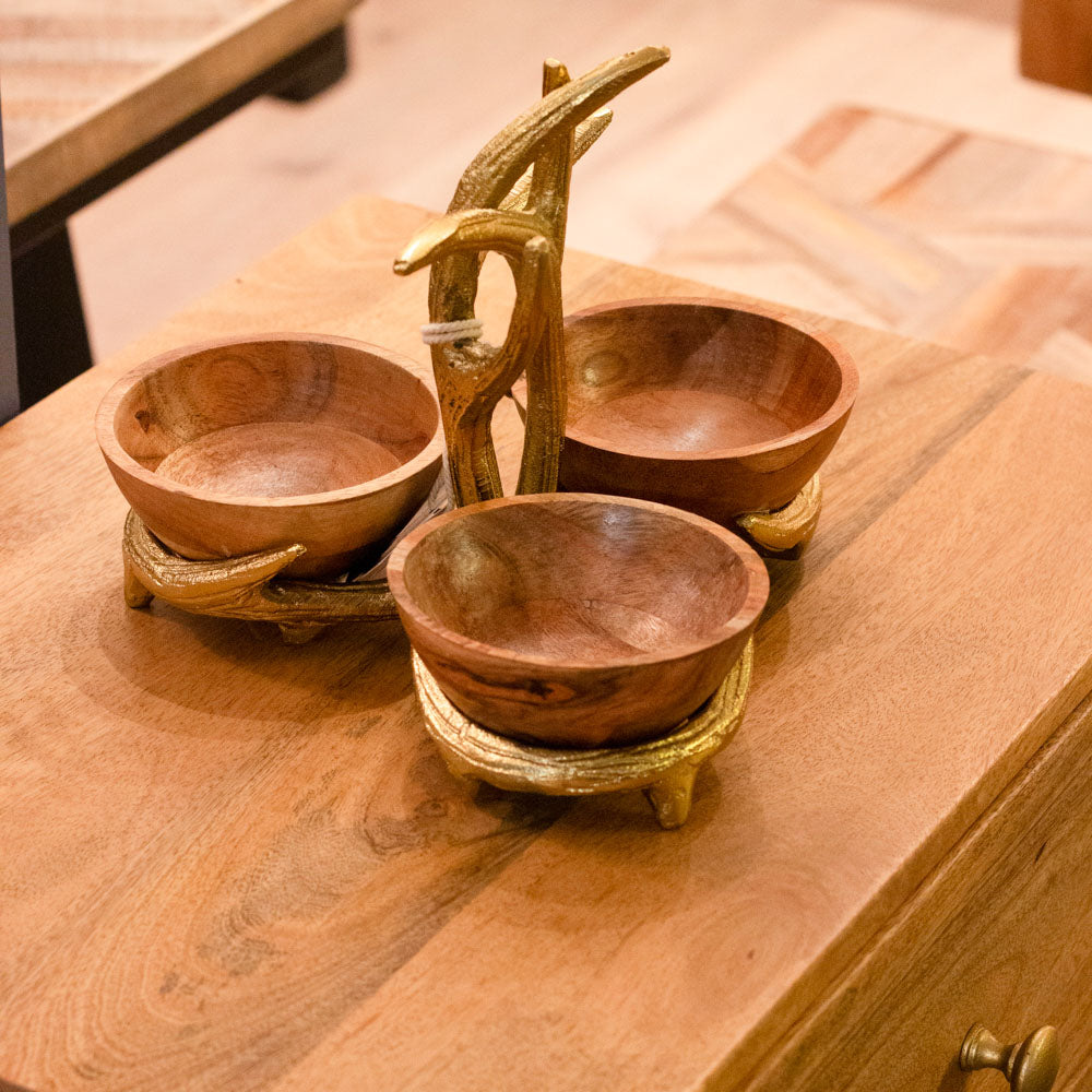 Set of 3 Bowls with Antler Stand Gold - Luxury Interiors