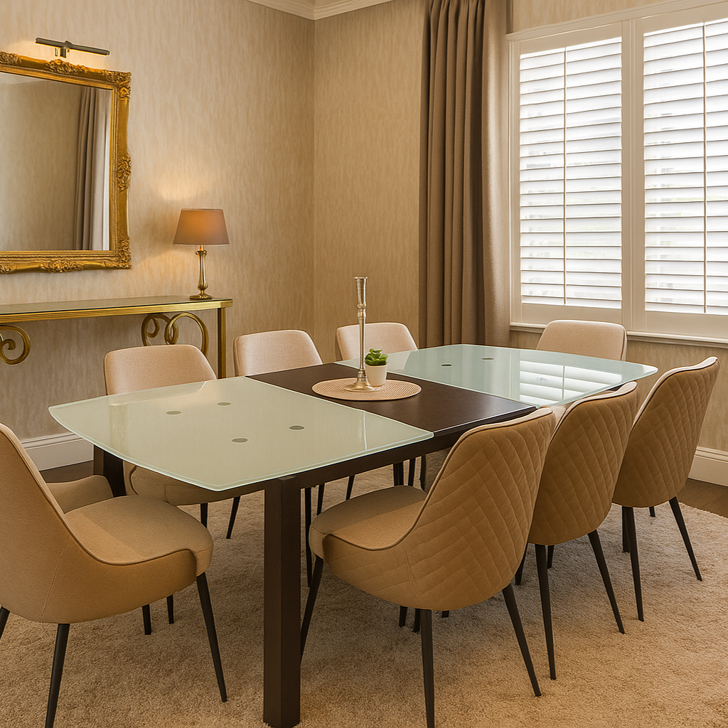 Dining room with a table and chairs in a well-lit room.