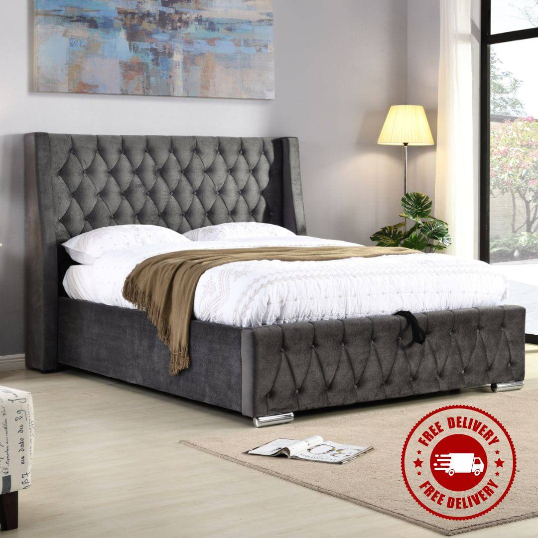 Jersey Storage Bed in Velvet Charcoal  (FREE DELIVERY) - Luxury Interiors