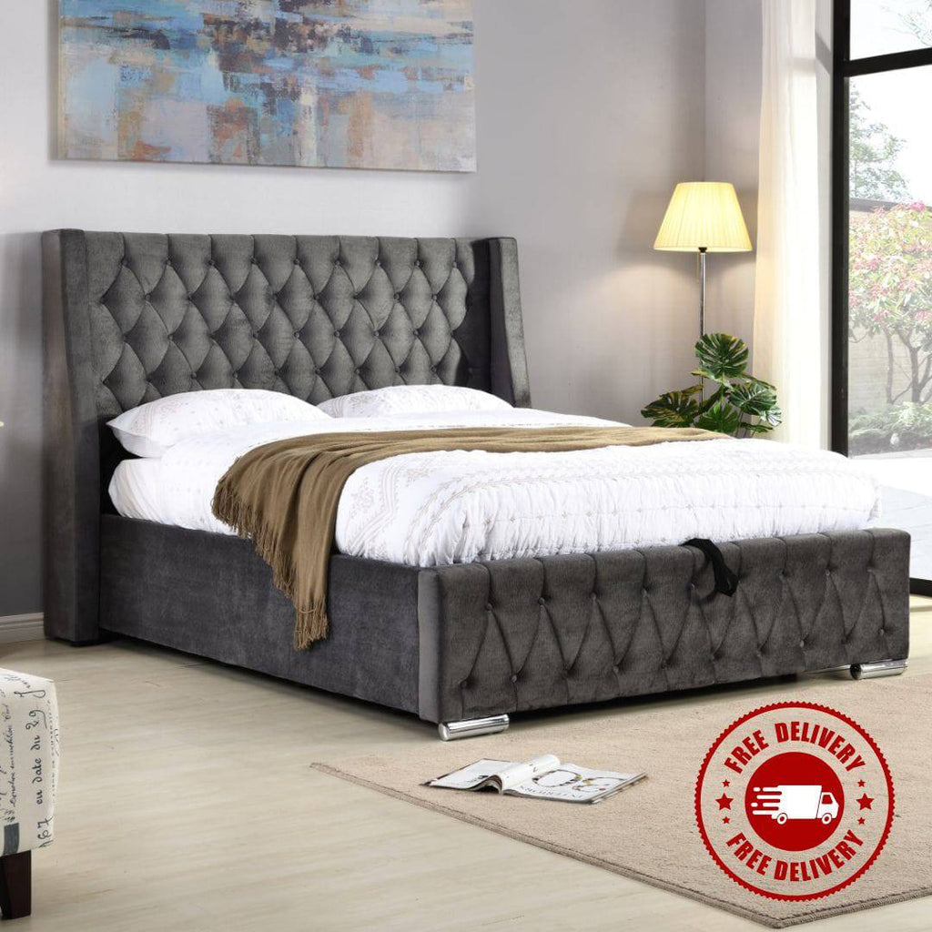 Jersey Storage Bed in Velvet Charcoal  (FREE DELIVERY) - Luxury Interiors