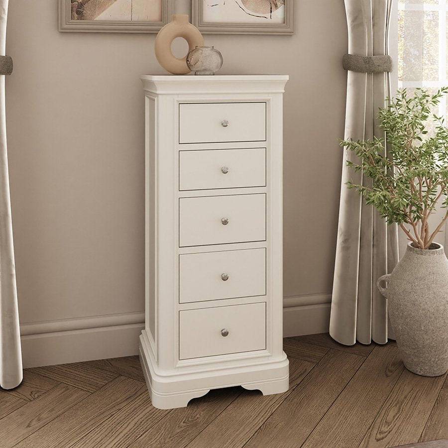 Maria Bone Tall Slim Chest of Drawers - Luxury Interiors
