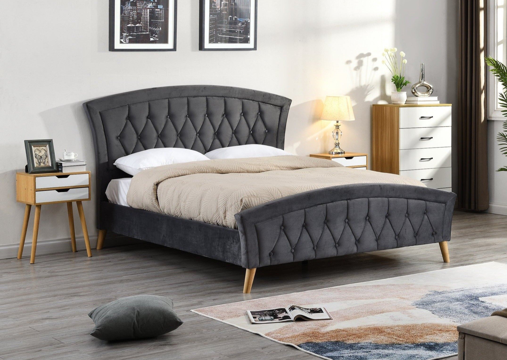 Grey fabric queen on sale bed frame