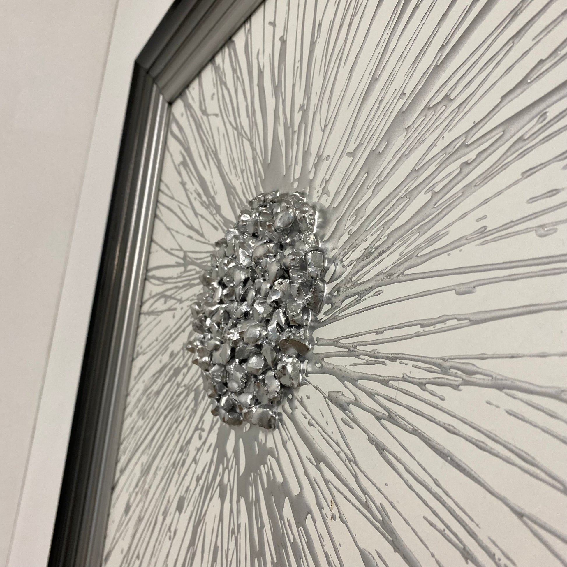 3D Silver Cluster Dandelion White Background Framed Wall Art - Luxury Interiors